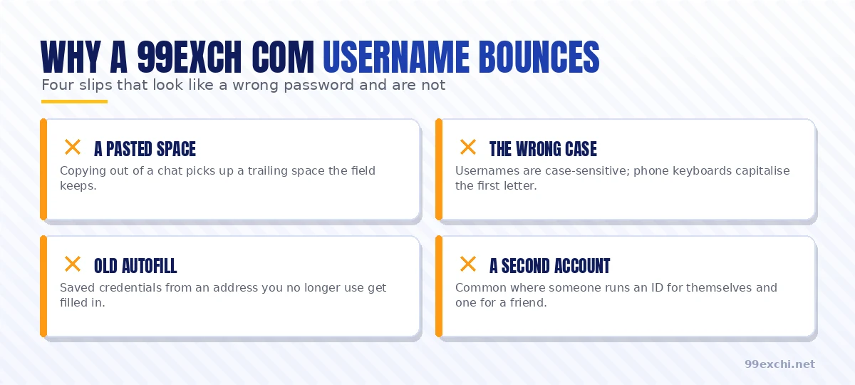 Four slips that make a 99exch com username bounce, from a pasted space to a second account