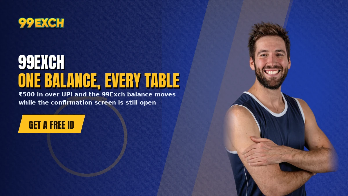 99Exch hero banner reading one balance, every table, beside a smiling cricket fan with a free ID button