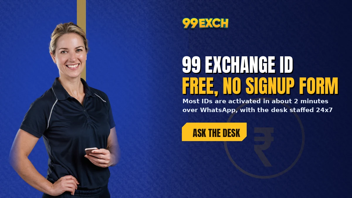 99 Exchange ID hero banner showing the two-minute WhatsApp route to a free verified account